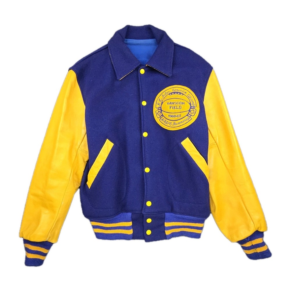 Vintage 1960-61 Hanscom Field Varsity Jacket Wool Leather Blue Gold Size 42‎ Med